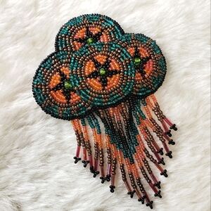 HANDMADE Beaded Quadruple Medallion Barrette with Fringe Teal